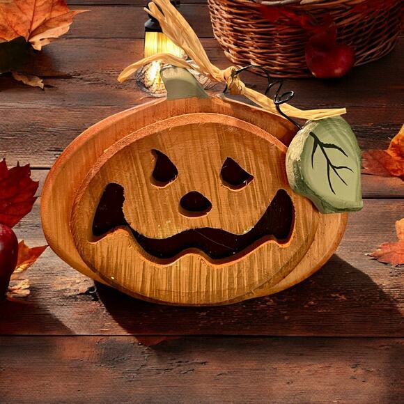 Set of 2 Wooden Jack O Lantern Pumpkins-Rustic Farmhouse Fall-Halloween Decor - Picture 2 of 4